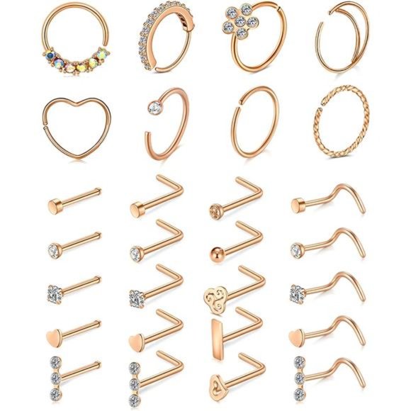 28 Pack Nose Rings Stainless Steel Hoop L Shape Nose Studs Nose Screw Bone Rose - Picture 1 of 2
